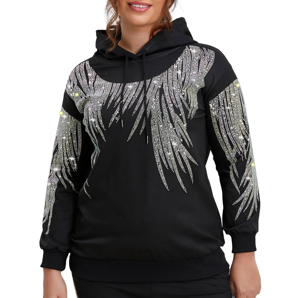 Plus Size Rhinestone Hoodie Long Sleeve Pullover Sweatshirt with Comfortable Design Y2K Fashion Inspired Graphic Hooded Top