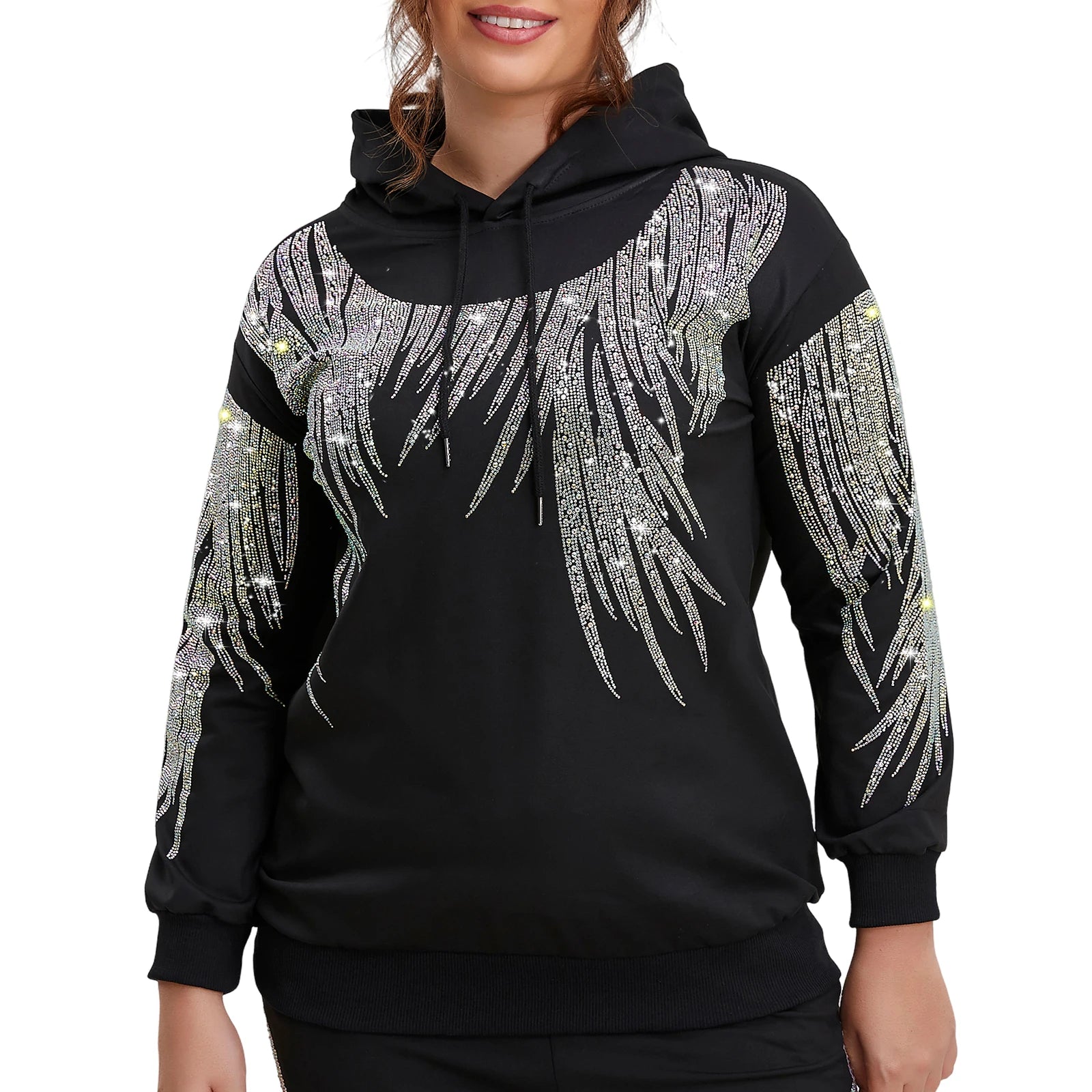 Plus Size Rhinestone Hoodie Long Sleeve Pullover Sweatshirt with Comfortable Design Y2K Fashion Inspired Graphic Hooded Top