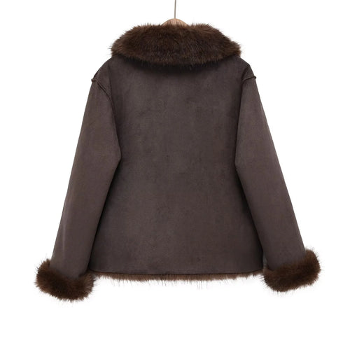 2025 Autumn New Women's Casual Lapel Long Sleeve Fashion Button-Down Reversible Faux Fur Effect Jacket