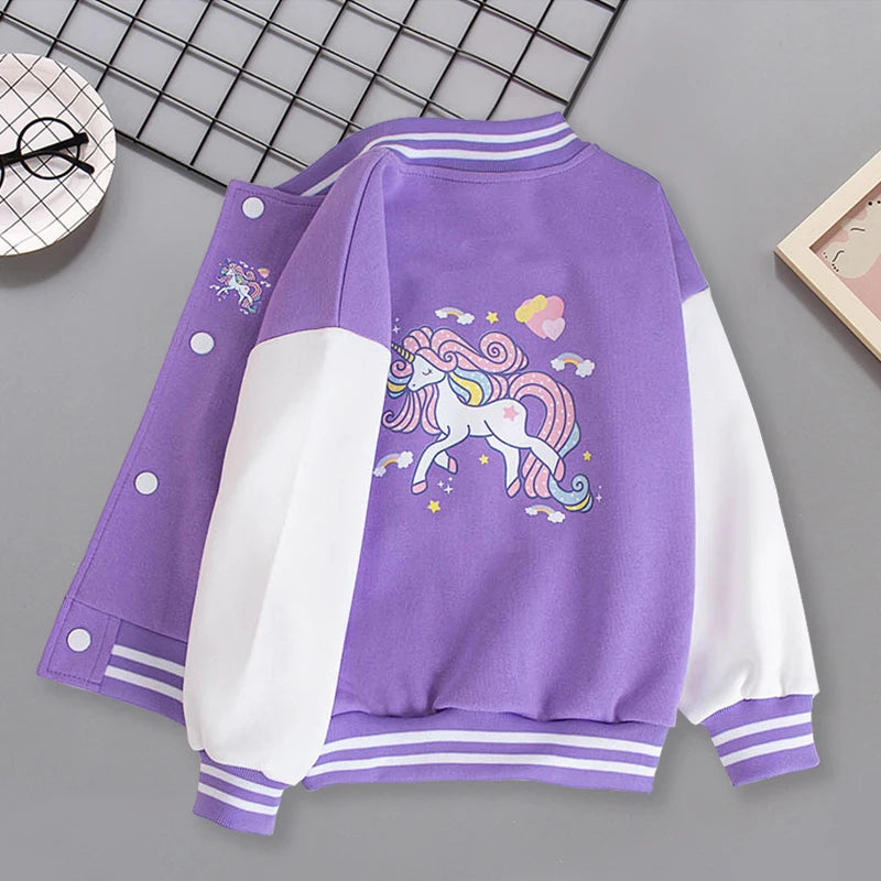 3-12 Years Girls Baseball Coat Spring Autumn Cute Cartoon Unicorn Outerwear Fashion Teenage Girl Sport Jacket Kids Clothes