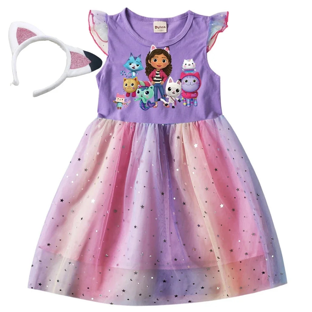 Baby Girls Dress Children Cartoon Mesh Star Sequins Princess Dress Kids Flying Sleeve Skirt For Daily Halloween Birthday Gift