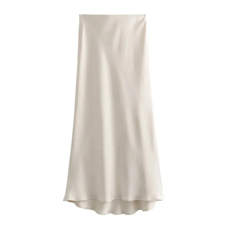 High-Waist Black Satin Midi Skirt