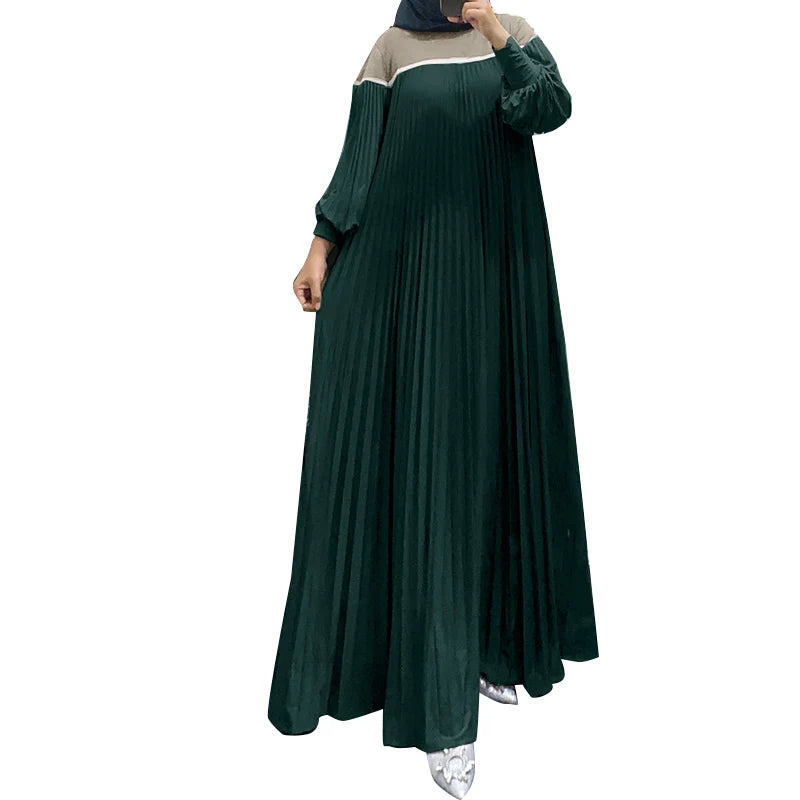 ZANZEA Muslim Women Color-Block Maxi Dress Plisse Patchwork Trendy Islamic Long Sleeve Abaya Robe Hijab O Neck Pleated Vestidos