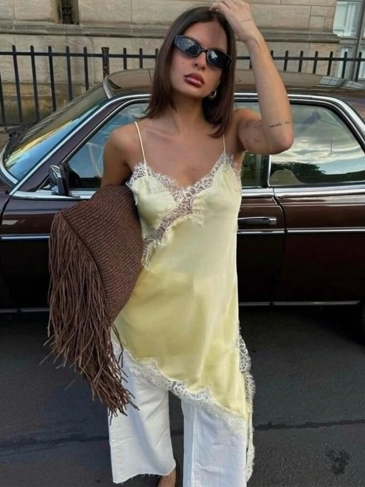 Satin Sexy Lace Spliced Short Sling Dress Women Sleeveless Backless