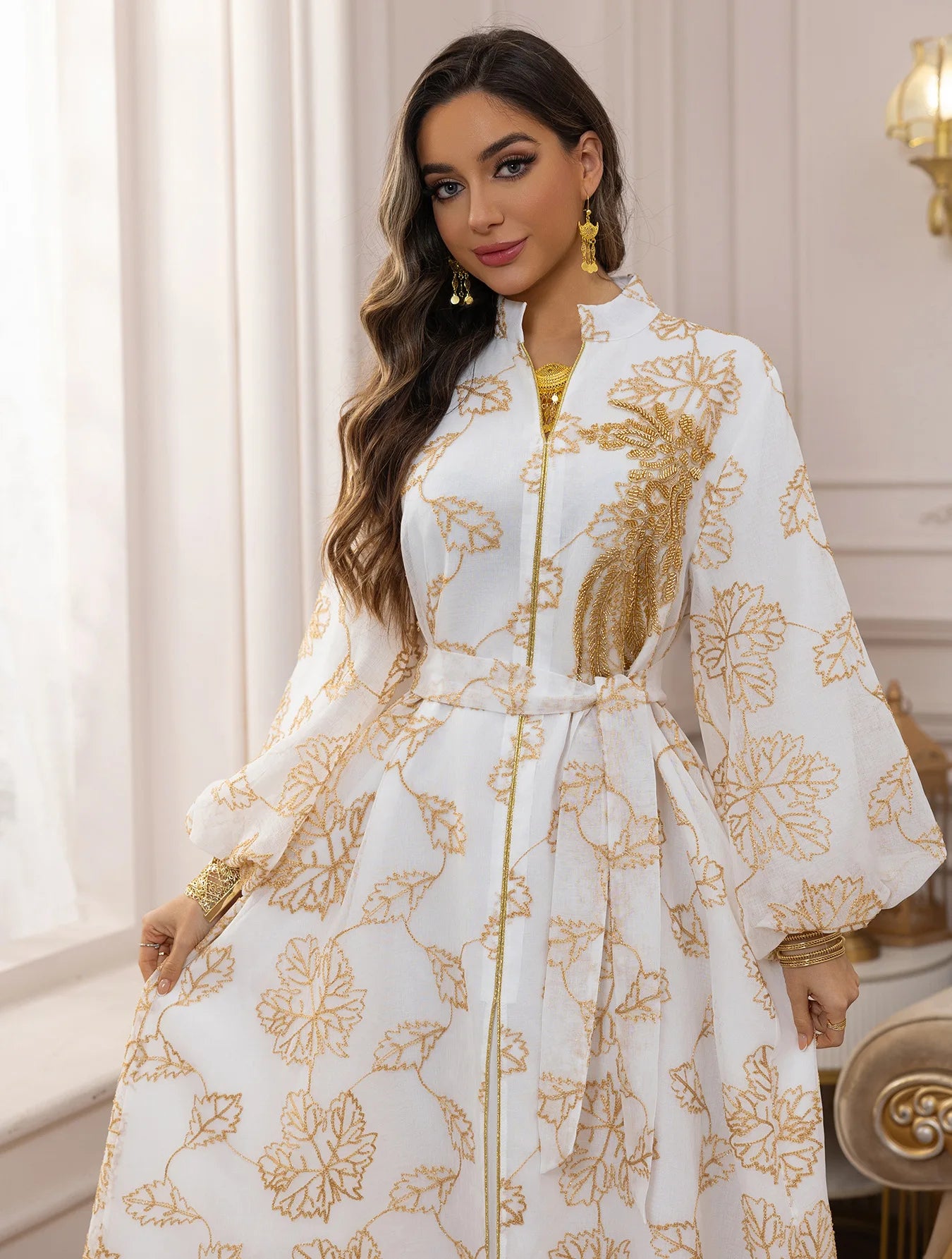 2025 Luxury Muslim Abaya White Base Gold Floral Embroidered Long Dress with Belted Waist Elegant Modest Islam Formal Wear  Dubai