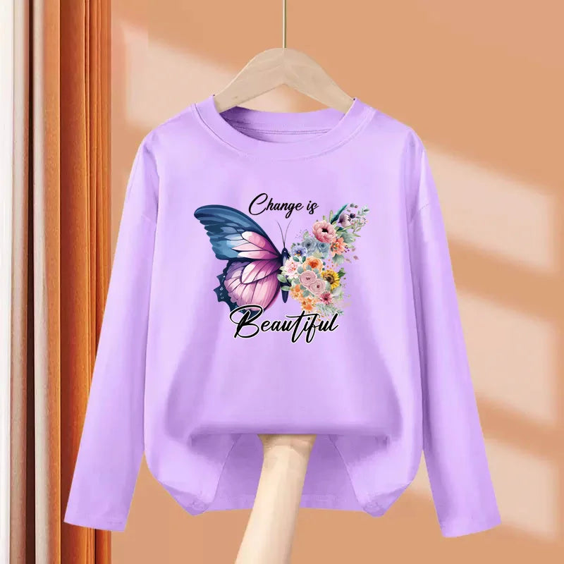 Children Long Sleeved T-shirt Butterfly Girl Fashion Top Spring Cotton Clothes Girls Butterfly Printed Tshirt 3-14T