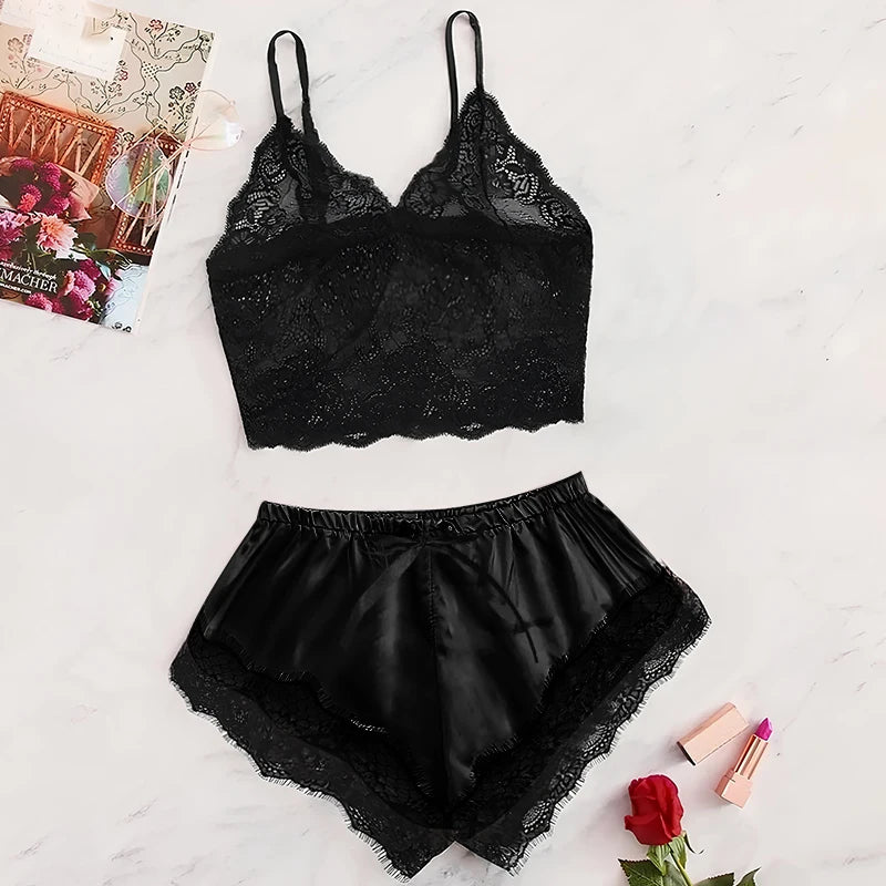 Women's 2 Piece Sexy Lace Pajama Set See