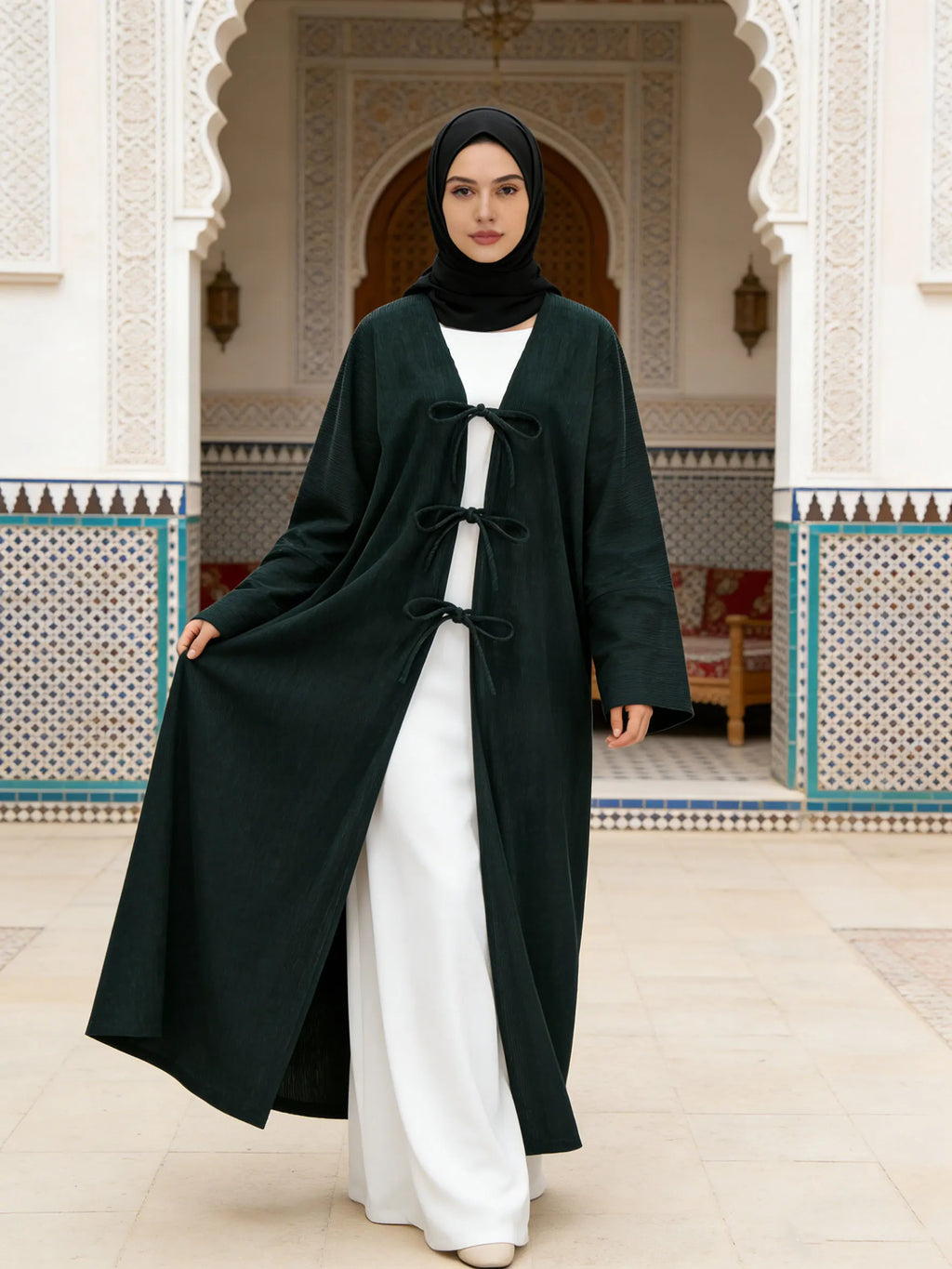 Hot sell Elegant Belted Corduroy Dark Green Abaya Cardigan Women Muslim Modest Outerwear Ramadan Abaya Islam Dubai Arabic Tops