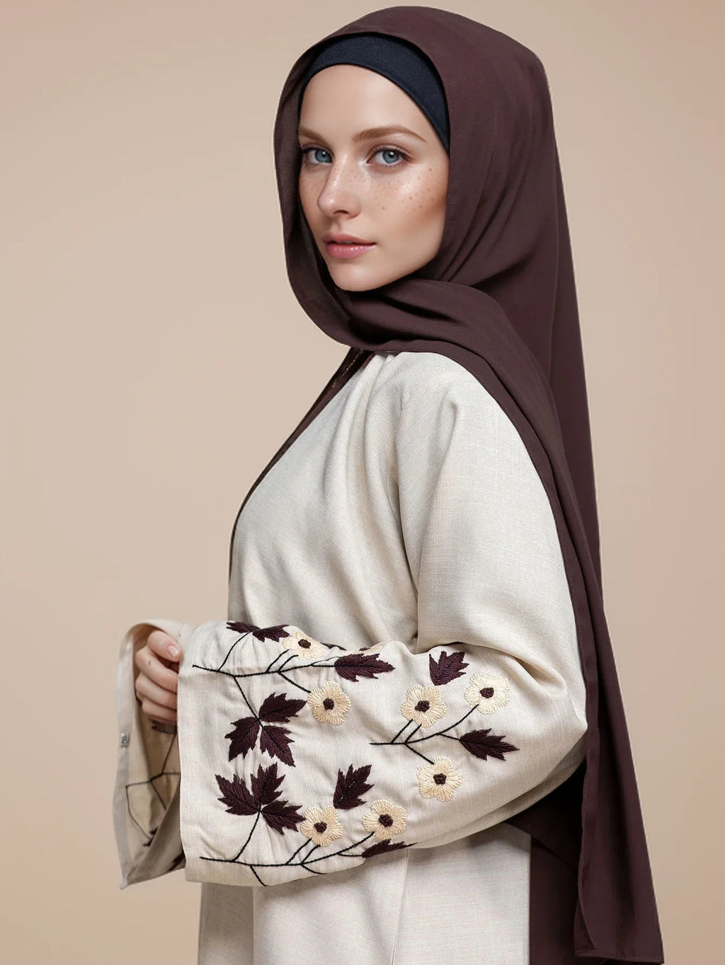 Apricot Color Muslim Abaya Boasting Exquisite Floral Cuff Embroidery Blending Timeless Elegance and Fashion for Ramadan Islamic