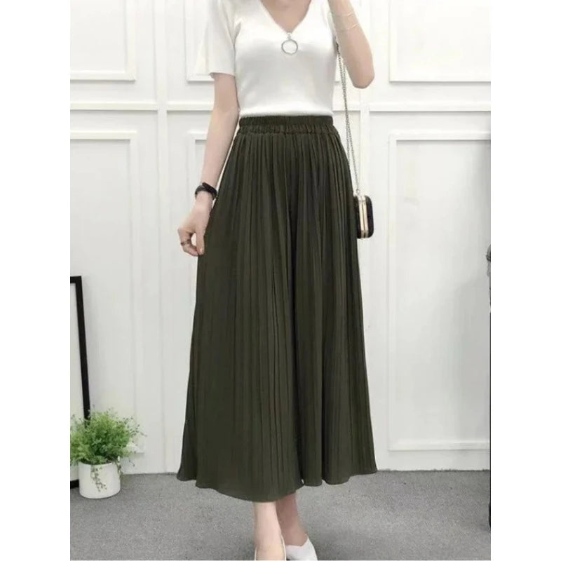Summer New Women's Pants Korean Fashion Solid Elastic Waist Pleated Loose Skirt Pants Plus Size Casual Wide-leg Cropped Pants