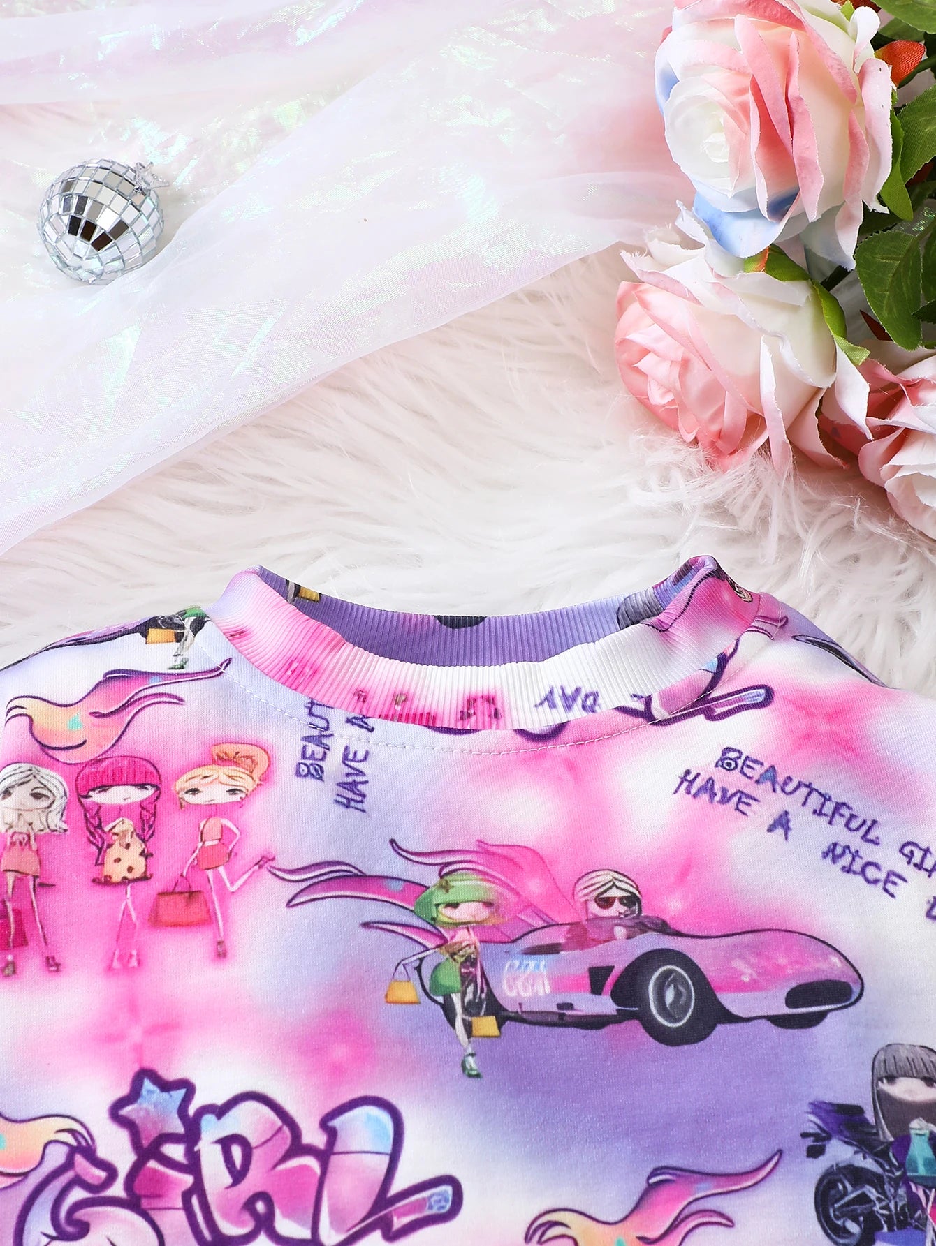 Girls' Casual Fashion Knitted Long-Sleeved Round-Neck Cartoon Print Sweatshirt Pullover