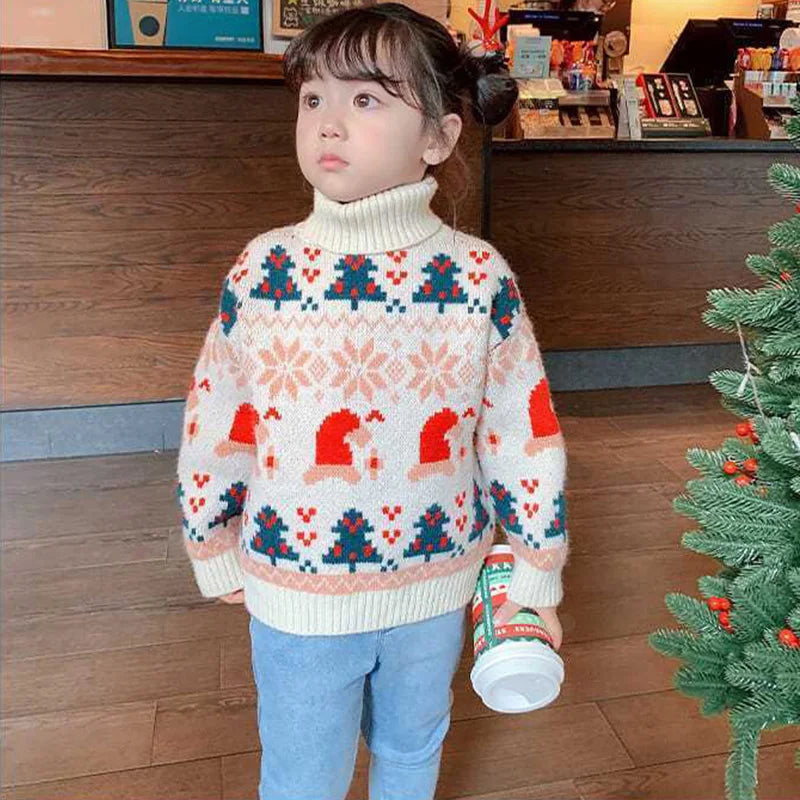 Girls' High Neck Sweater Thickened Autumn and Winter New Fashionable Christmas Pattern Girls' Knitted Sweater Sweet and Cute