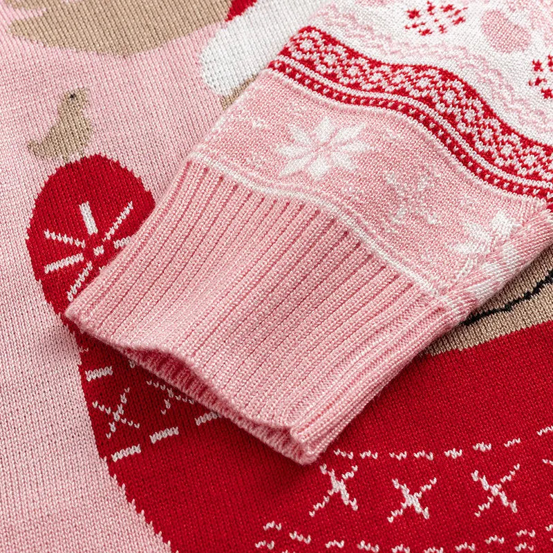 Winter Girls' New Reindeer Print Cartoon Cute Long Sleeved Christmas Fashion Simple and Versatile Knitted Round Neck Sweater