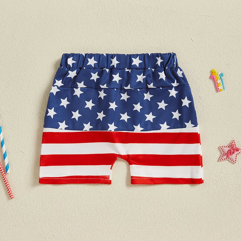 Baby Boy 4th of July Shorts American Flag Stars Striped Rocket Print Elastic Waist Toddler Boy Shorts Firework Pattern