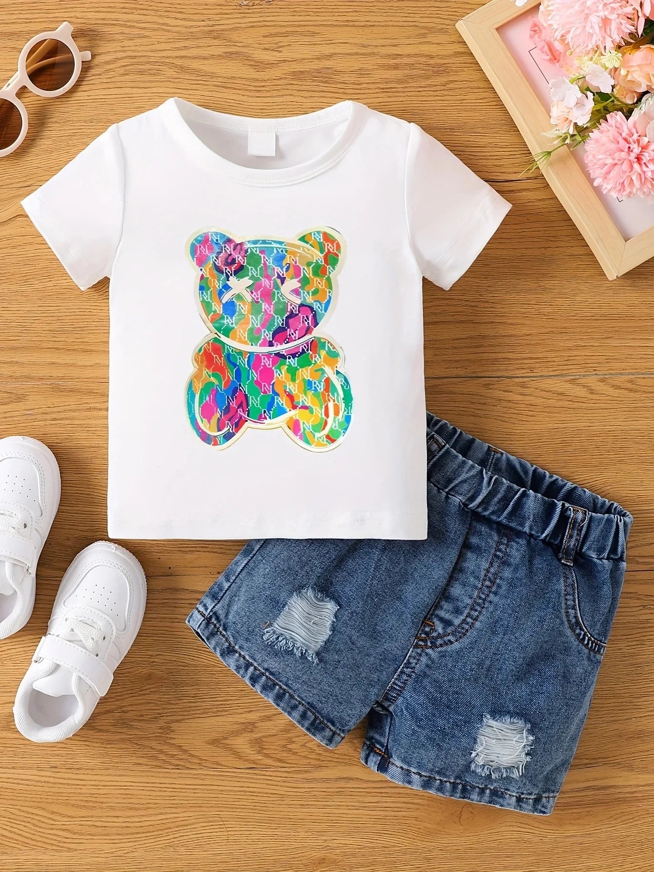 Aby Boys and Girls Summer Hot Painted Round Neck Short-sleeved Top Girls    Just T-shirts. Shorts not included