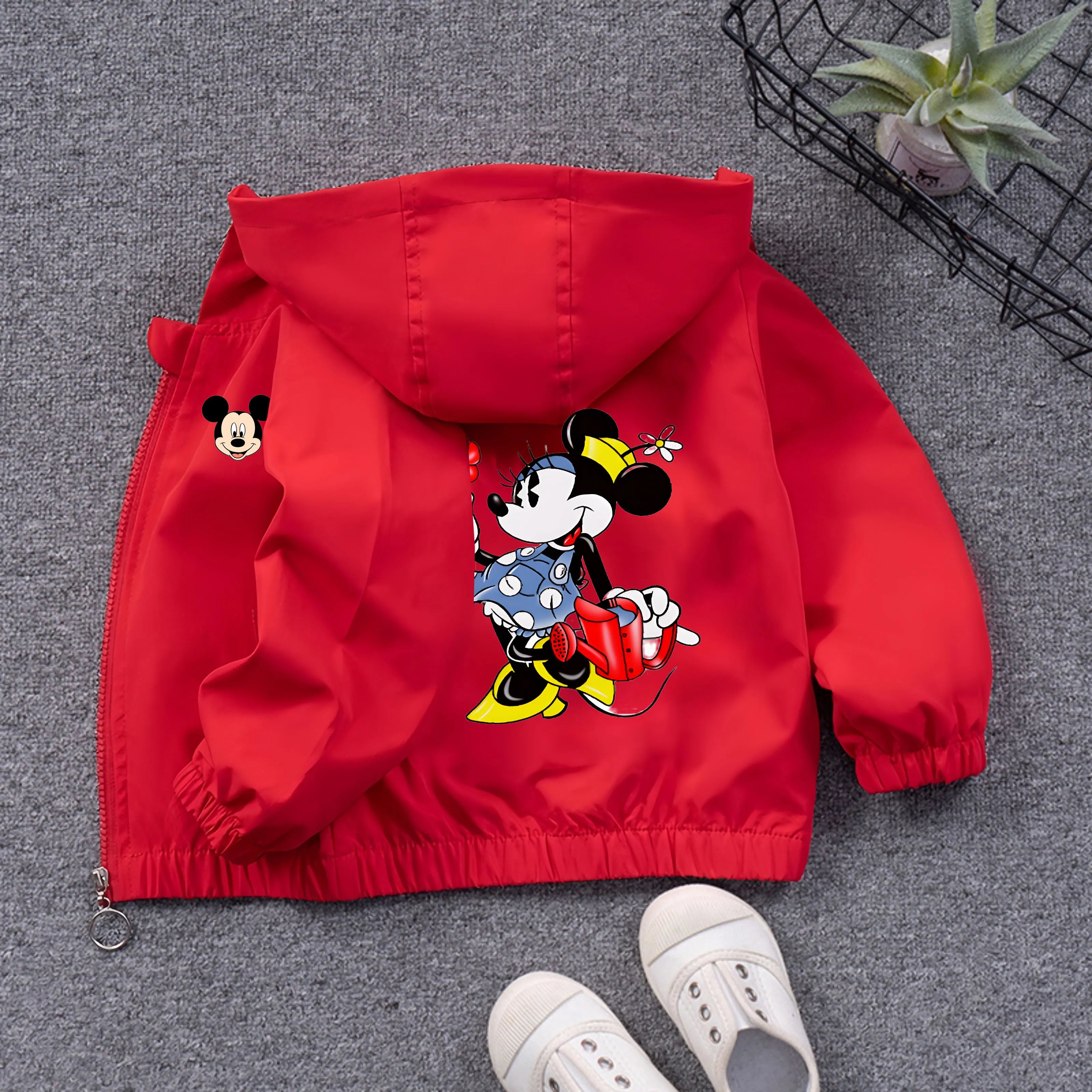 Minnie Mickey Mouse Kids Windbreaker Jacket Spring Autumn Fashion Cartoon Print Coat for Boys Girls Teen Outerwear