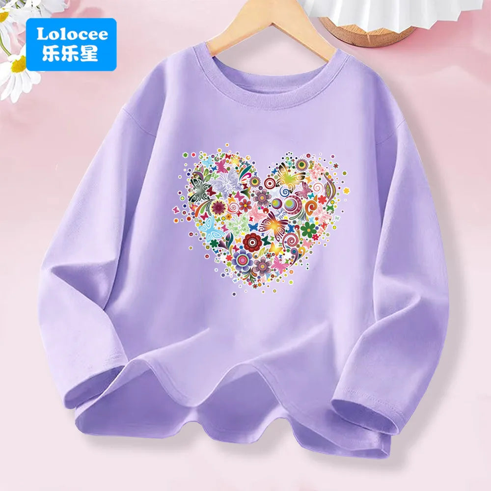 Little Girl Spring Autumn T-shirts Girls Sweet Heart Long Sleeve Tee Tops For Kids Cotton Daily Wear