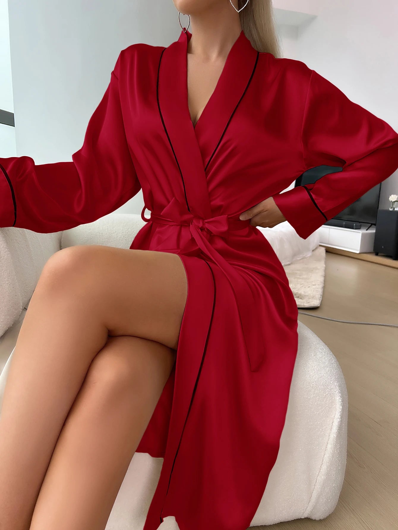 Solid Satin Night Robe Elegant Long Sleeve V Neck Pajamas With Belt Sexy Women Sleepwear