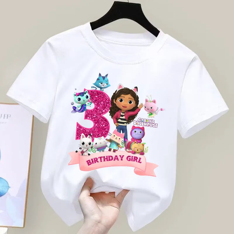 Gabbys Dollhouses Birthday Number T-shirt Girls White Pink Short Sleeve T-shirts Tops Cotton Summer Casual Party Supplies Tee