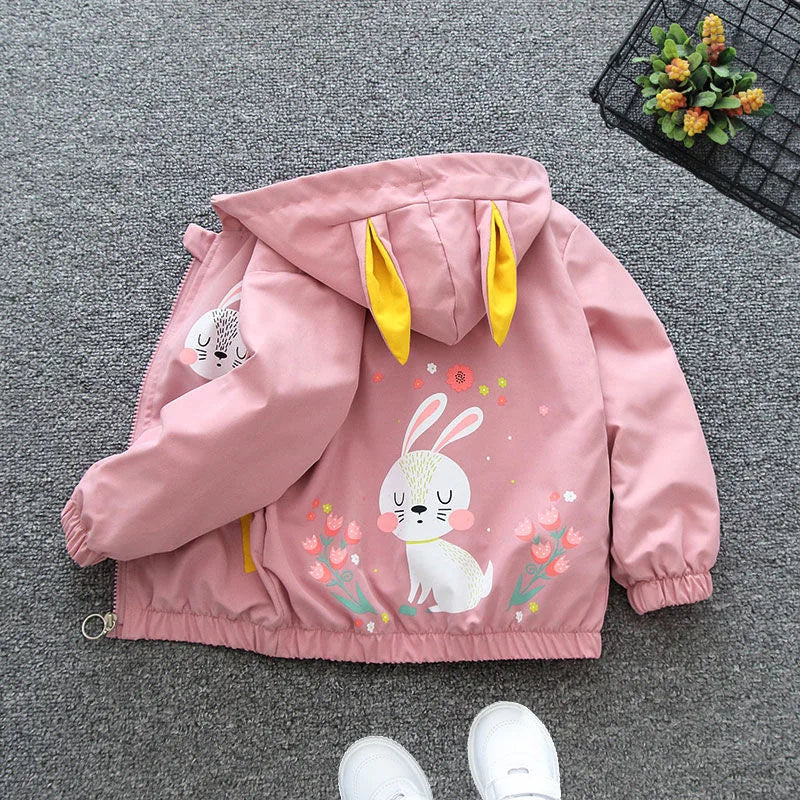 New Rabbit Girls Jacket Spring Autumn Hooded Zipper Baby Windbreaker Coat Birthday Gifts Children's Clothing 1 2 3 4 5 6 Years