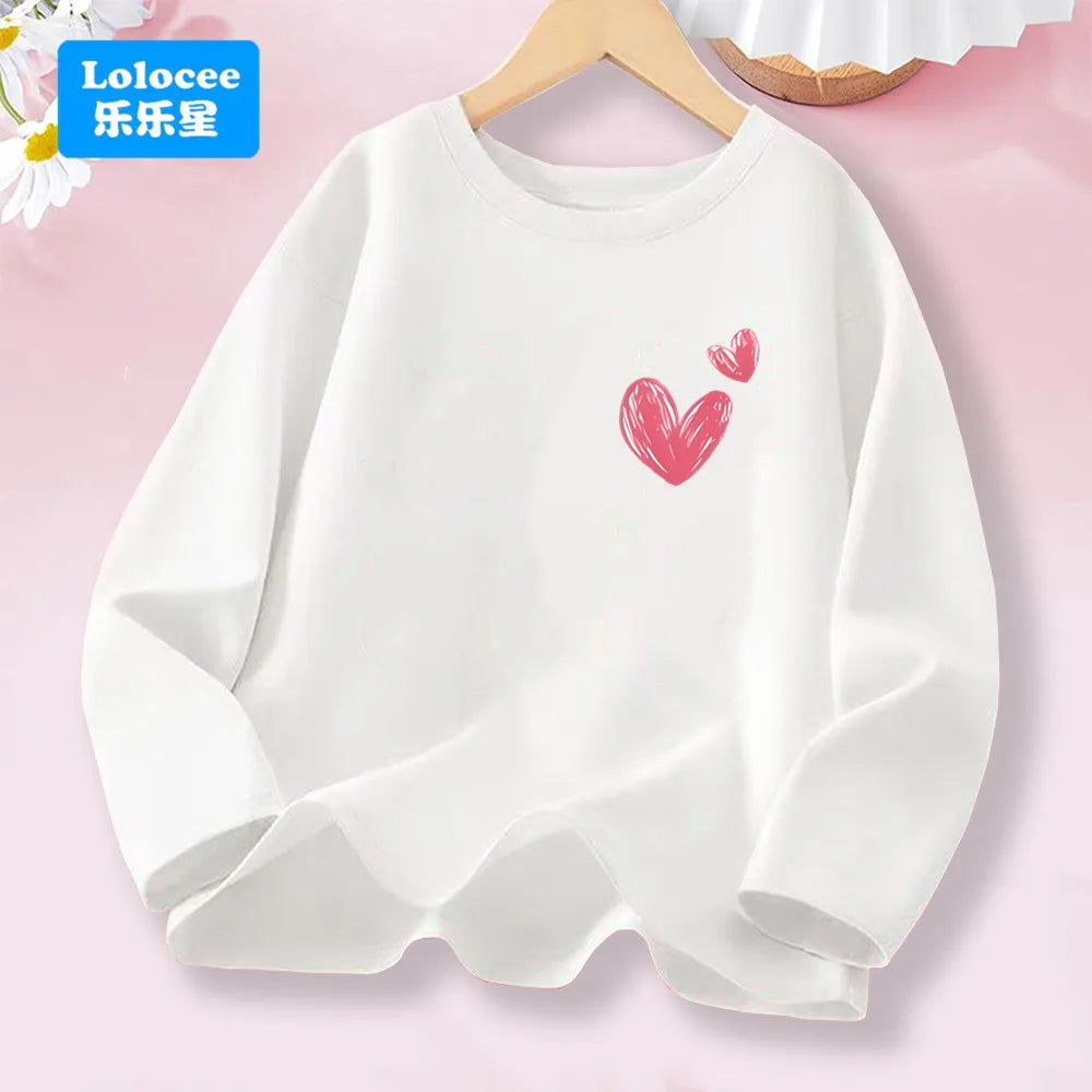 Little Girl Spring Autumn T-shirts Girls Sweet Heart Long Sleeve Tee Tops For Kids Cotton Daily Wear