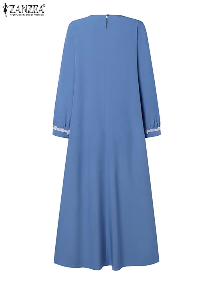 2025 Elegant O Neck Long Sleeve Dresses Women Autumn Maxi Dress ZANZEA Muslim Dubai Abaya Islamic Sundress Patchwork Vestidos