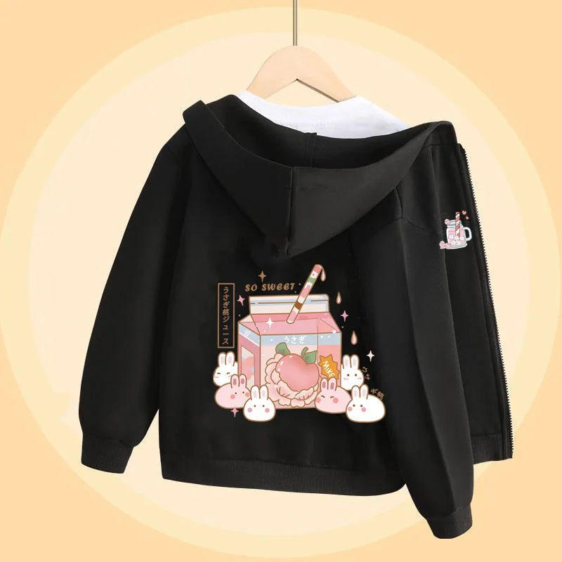 Girls Bubble Tea Cartoon Sweater Autumn Long Sleeved Coats with Zipper Pink Cute Hoodies 5-14T