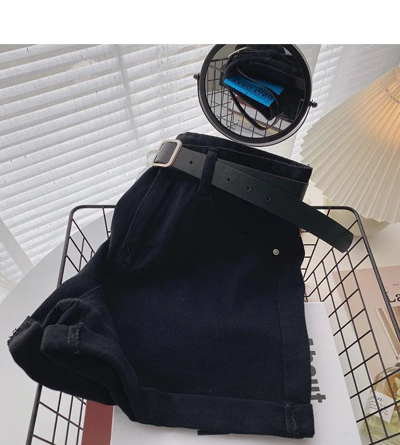 Summer Wide Leg High Waist Denim Shorts With Belt Women Korean Fashion Pocket Hot Pants Streetwear Casual Cowboy Jeans Shorts