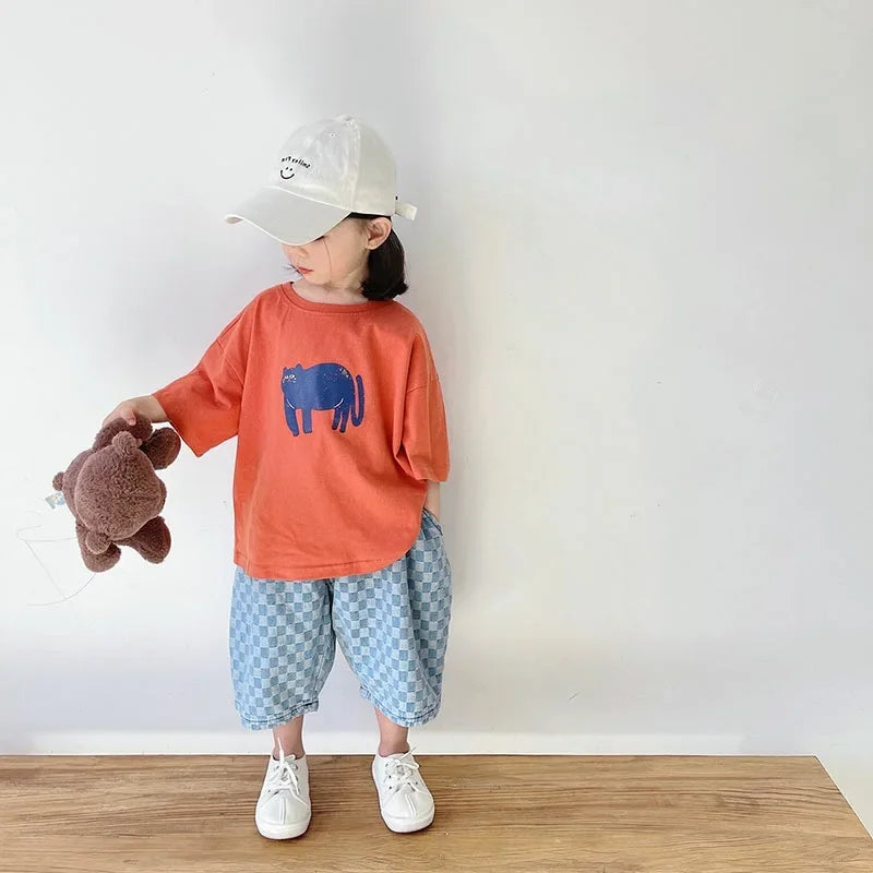 Korean Streetwear Vintage Cartoon Print Unisex Kids T-Shirts 100% Cotton Oversized Summer Tees for Boys & Girls 1-7Years