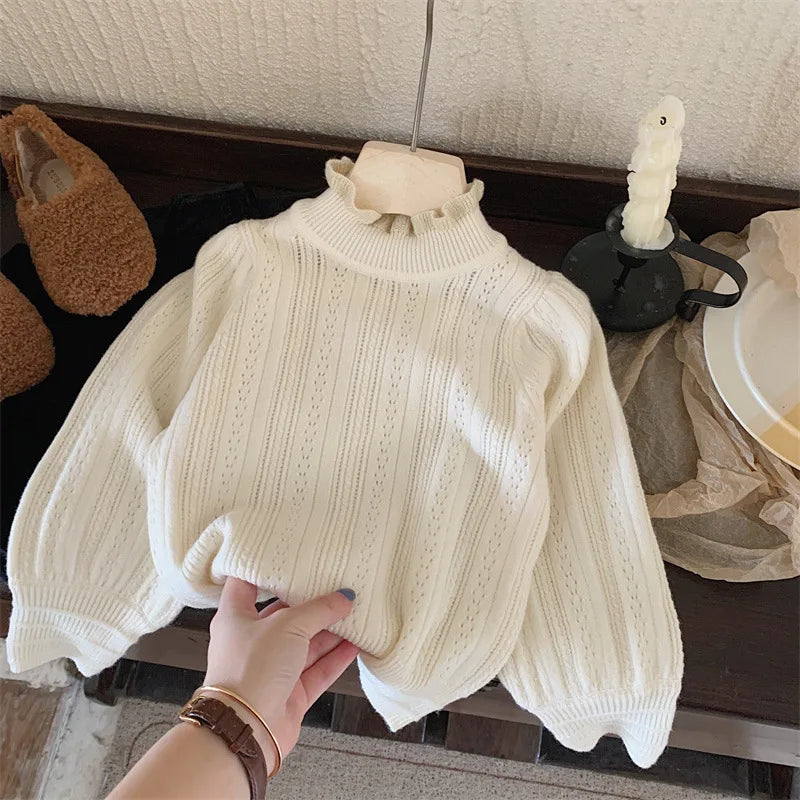 Girls Sweater Autumn Winter Rabbit Velvet Lace Bubble Sleeves Knitted Wool Soft Comfortable Sweet and Cute Daily Temperament