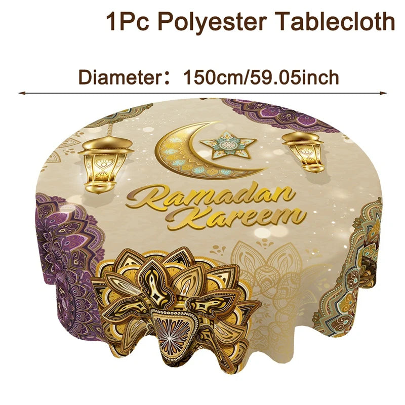Ramadan Kareem Eid mubarak Polyester Round Tablecloth Ramadan Decor For Home 2026 Islamic Muslim Party Supplies EID Al Adha