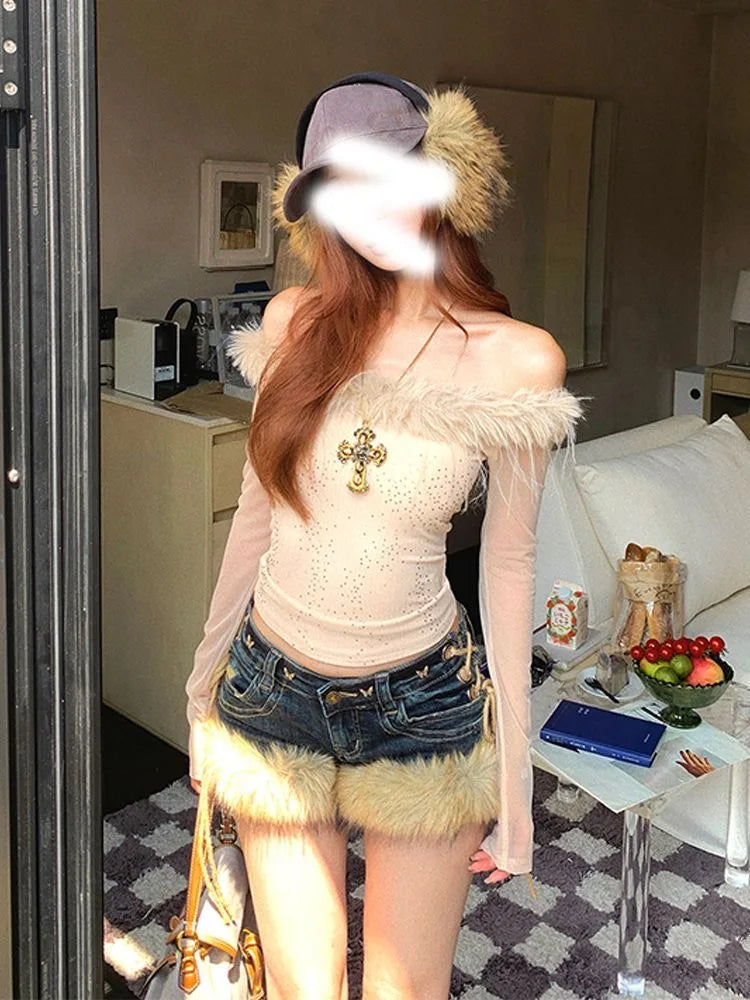 Winter New Women's Retro Design Fluffy Splicing Jeans Shorts Y2k Low-rise Strap Slim Hot Pants