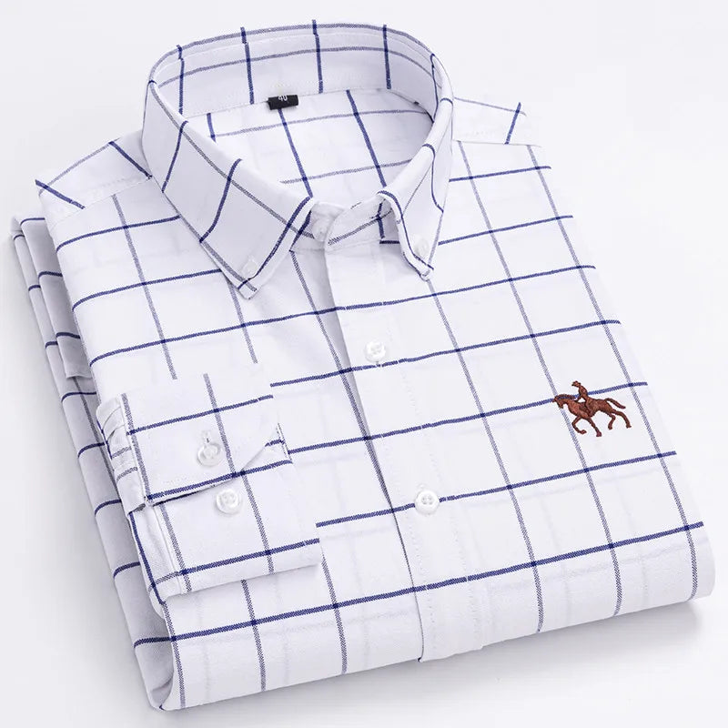 Basic Oxford Dress Shirt For Men Long Sleeve 100% Pure Cotton Solid  Casual Plaid Striped Social Business Male Regular-Fit S-6XL