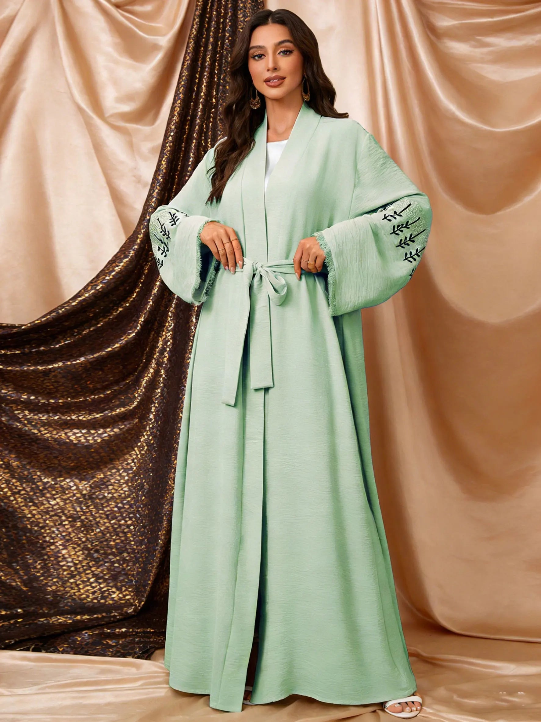 Spring New Arrival Long Abaya Dress 2026 Features Unique Embroidered Sleeves  Islam Kimono Kaftan Muslim Women Abaya Belted Robe