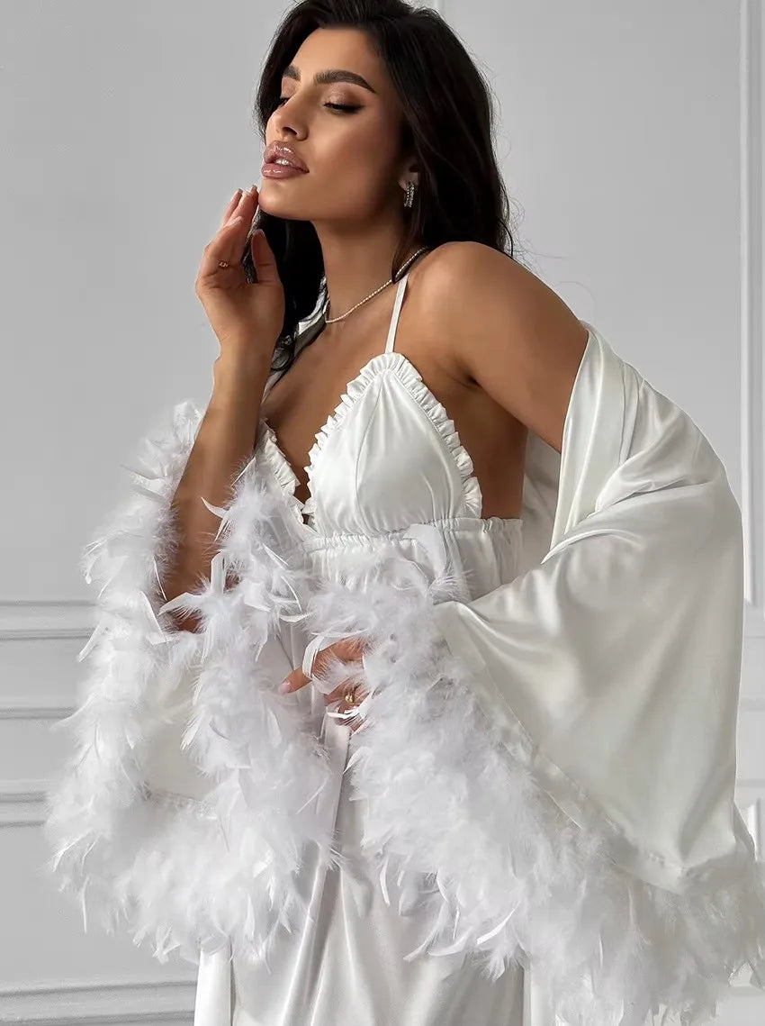 Wedding Bride Robe Morning Gown Elegant Feather Female Kimono Bathrobe Gown Sexy Rayon Summer New Sleepwear Nightwear Lingerie