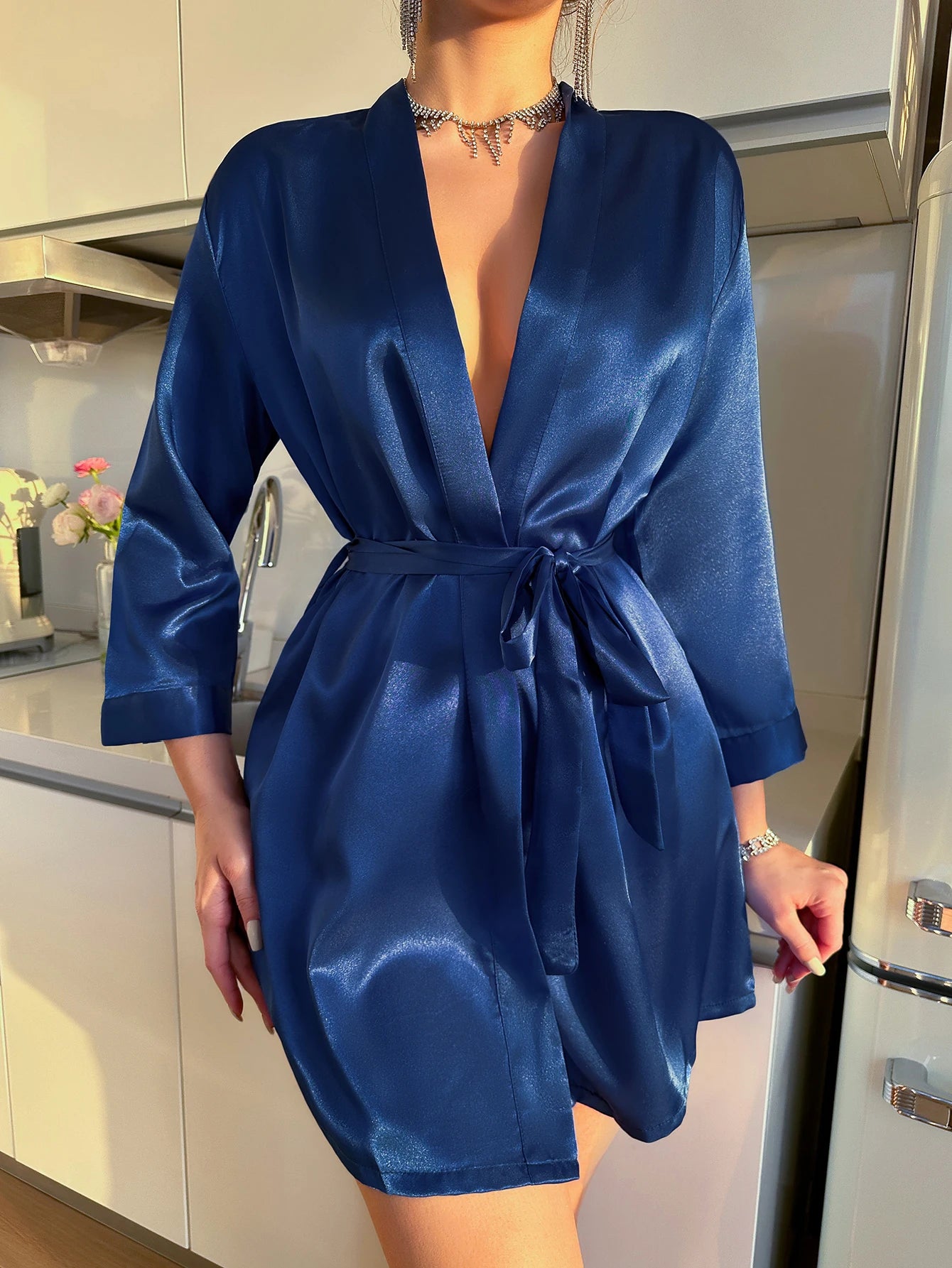 Pajamas women summer European and American ladies lace-up bathrobe sexy morning gown home dress can wear ice silk robe