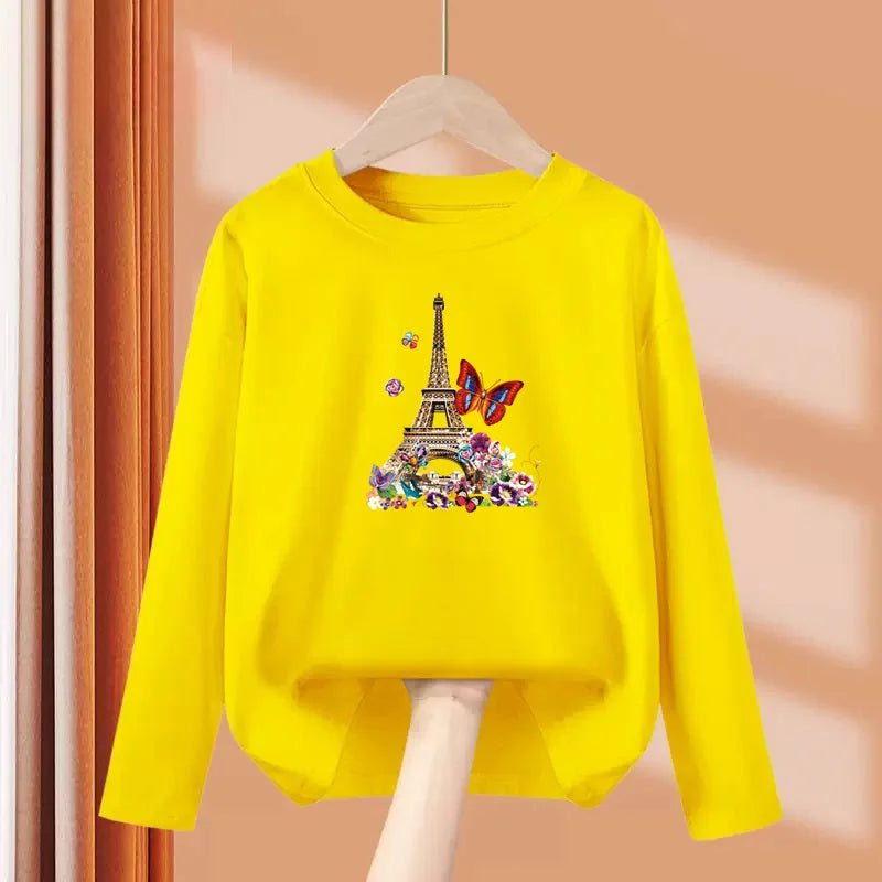 2024 New Flamingo Long Sleeved T-shirt Little Girls in Autumn Round Neck Cotton Tops Children Fashion Tees 3-14 Age