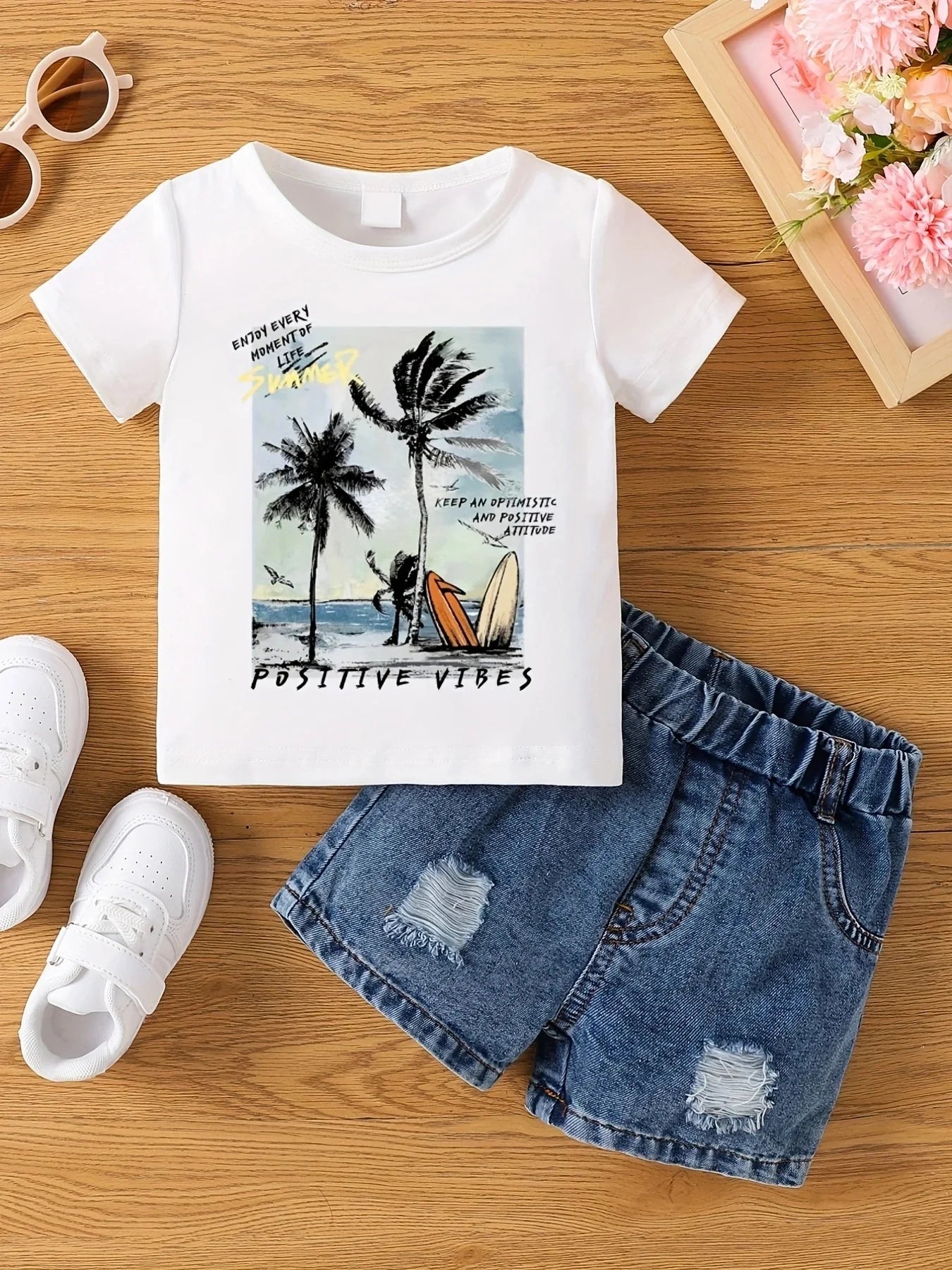 Aby Boys and Girls Summer Hot Painted Round Neck Short-sleeved Top Girls    Just T-shirts. Shorts not included