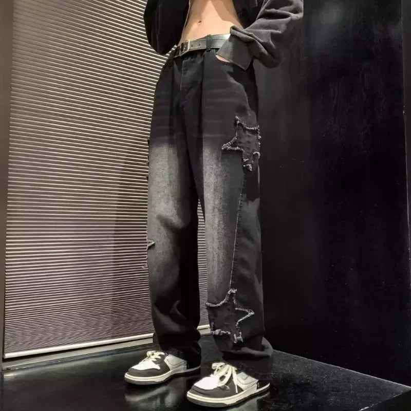 2025 New Fashion Stars Towel Embroidery Brown Men Jeans Pants Y2K Clothes Straight Hip Hop Cotton Trousers Pantalon Homme