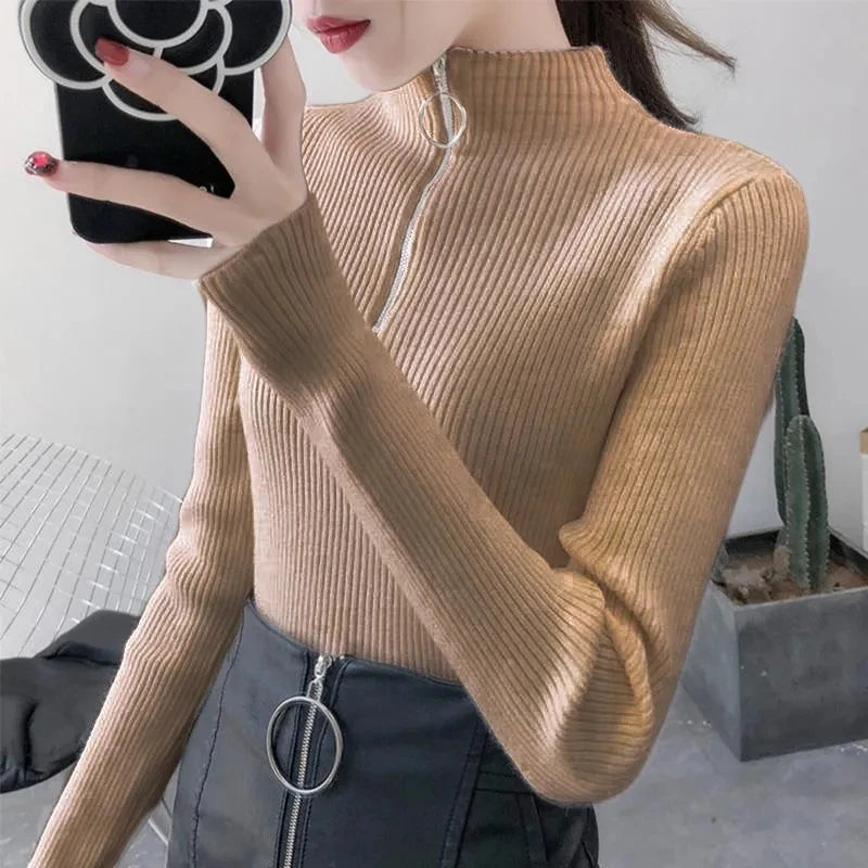 Basic High Neck Zipper Knit Sweater
