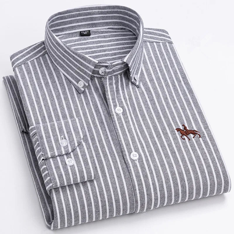 Basic Oxford Dress Shirt For Men Long Sleeve 100% Pure Cotton Solid  Casual Plaid Striped Social Business Male Regular-Fit S-6XL