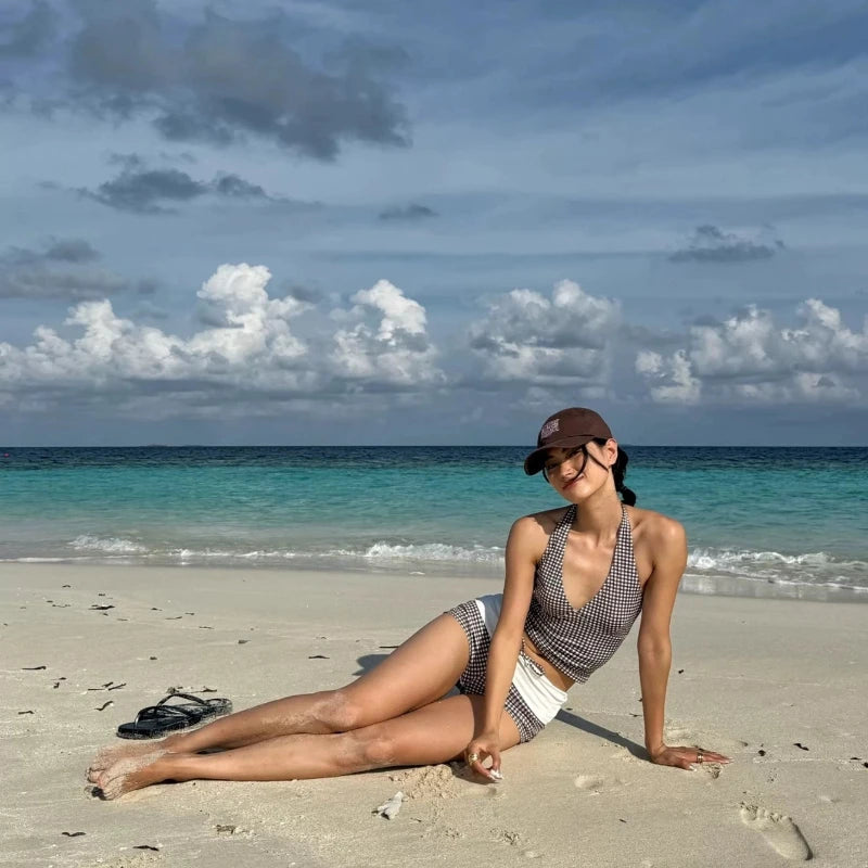 New Sexy Deep V Push Up Bikini Set High Waisted Checkered Brief Tummy Control Backless Two Piece Swimsuit for Beach Vacation