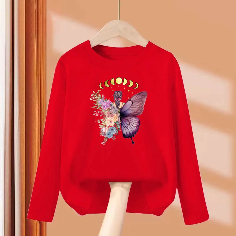 Children Long Sleeved T-shirt Butterfly Girl Fashion Top Spring Cotton Clothes Girls Butterfly Printed Tshirt 3-14T