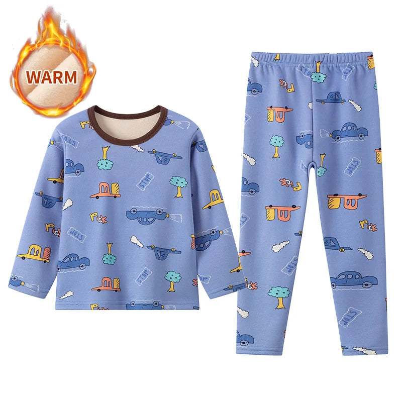2-piece winter plus velvet children's cute printed pattern long-sleeved trousers for boys and girls Joker pajamas home service s