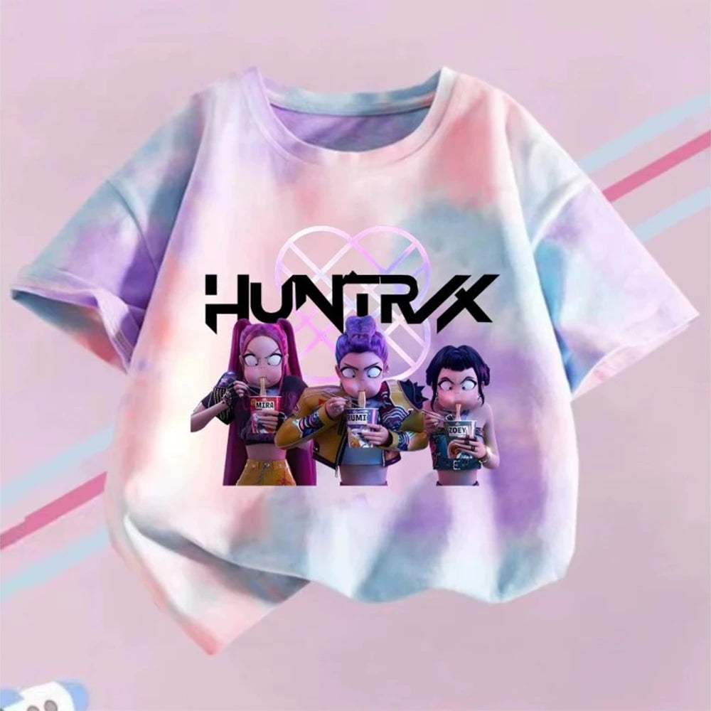 KPop Demon Hunters T-shirt Children Purple Tie-dye Top Girls O Collar Clothing Short Sleeve Tee Kids Summer/Autumn Clothes Gift