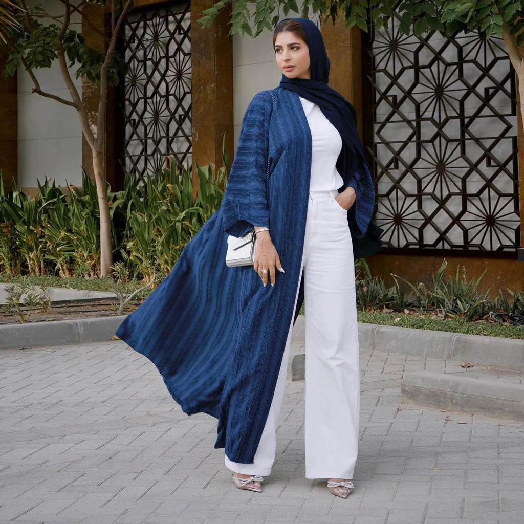2025 Dubai Muslim Open Black Abaya Striped Retro Ethnic Cardigan Robe Dubai Middle Eastern Saudi Arabia Eid Clothes Black