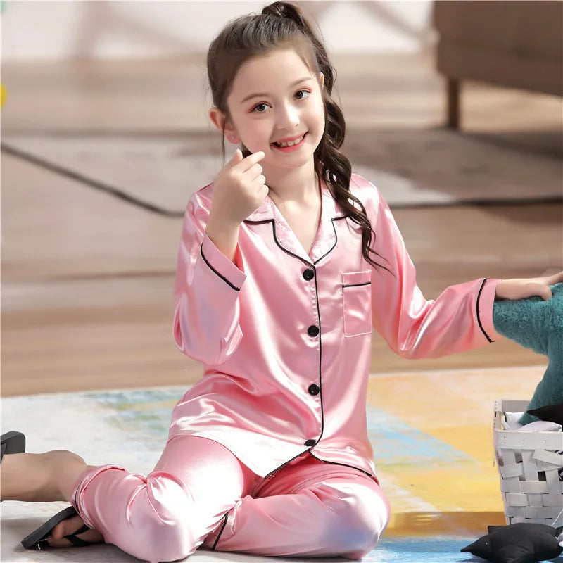 Satin Silk Pajama Set for Kids Boys Girl Long SLeeved Pijamas Children Silky Loungewear Teen Girl Pjs 2 to 4 6 8 10 12 14 Years