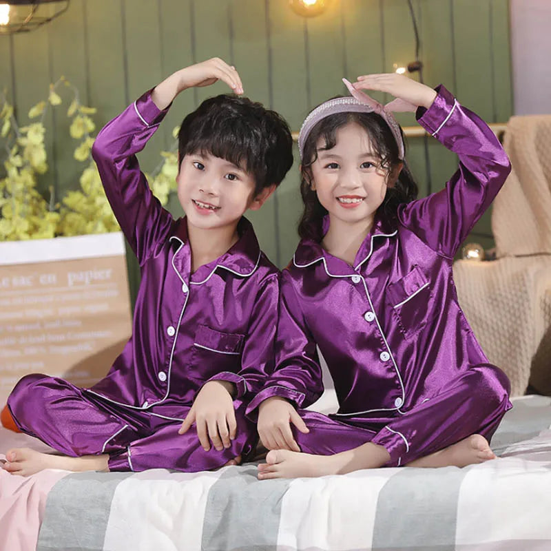 Satin Silk Pajama Set for Kids Boys Girl Long SLeeved Pijamas Children Silky Loungewear Teen Girl Pjs 2 to 4 6 8 10 12 14 Years