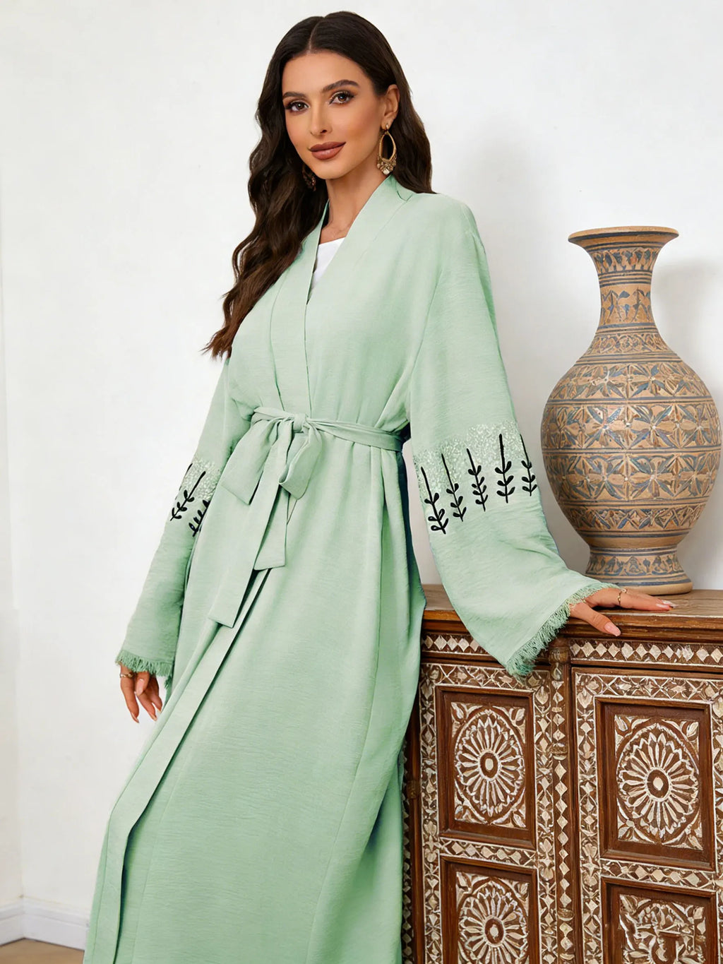 Spring New Arrival Long Abaya Dress 2026 Features Unique Embroidered Sleeves  Islam Kimono Kaftan Muslim Women Abaya Belted Robe