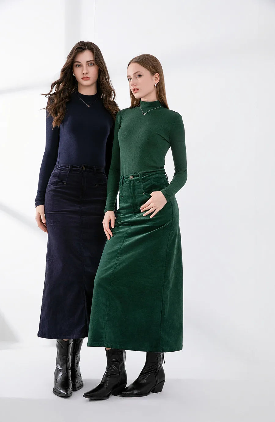 Retro Corduroy Skirt & Stretch Basic Top Set